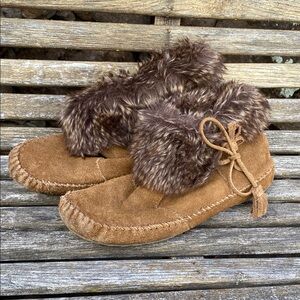 Minnetonka Brown Suede Moccasin Booties with Faux Fur, Tassels and Rubber Sole